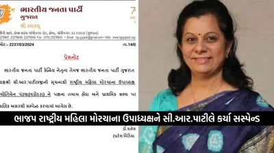 ગુજરાતની રાજનીતિમાં હડકંપ  ભાજપ રાષ્ટ્રીય મહિલા મોરચાના ઉપાધ્યક્ષને સી આર પાટીલે કર્યા સસ્પેન્ડ  જાણો વિગતે